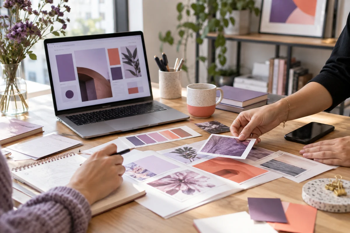 Un espace de travail créatif avec ordinateur, nuancier et supports de communication digitale